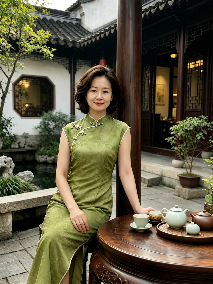 身着绿色旗袍于江南庭院品茶的女子