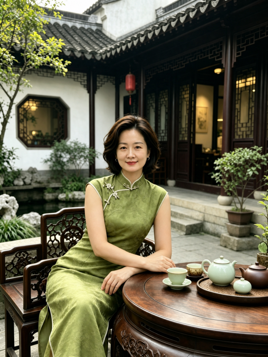 庭院雕花木椅上端坐的旗袍女子